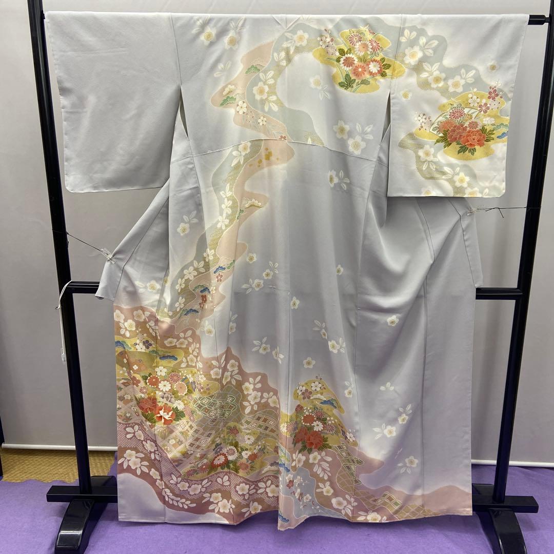 BY5133 未使用品 訪問着 薄いグレー 花柄 扇面 七宝