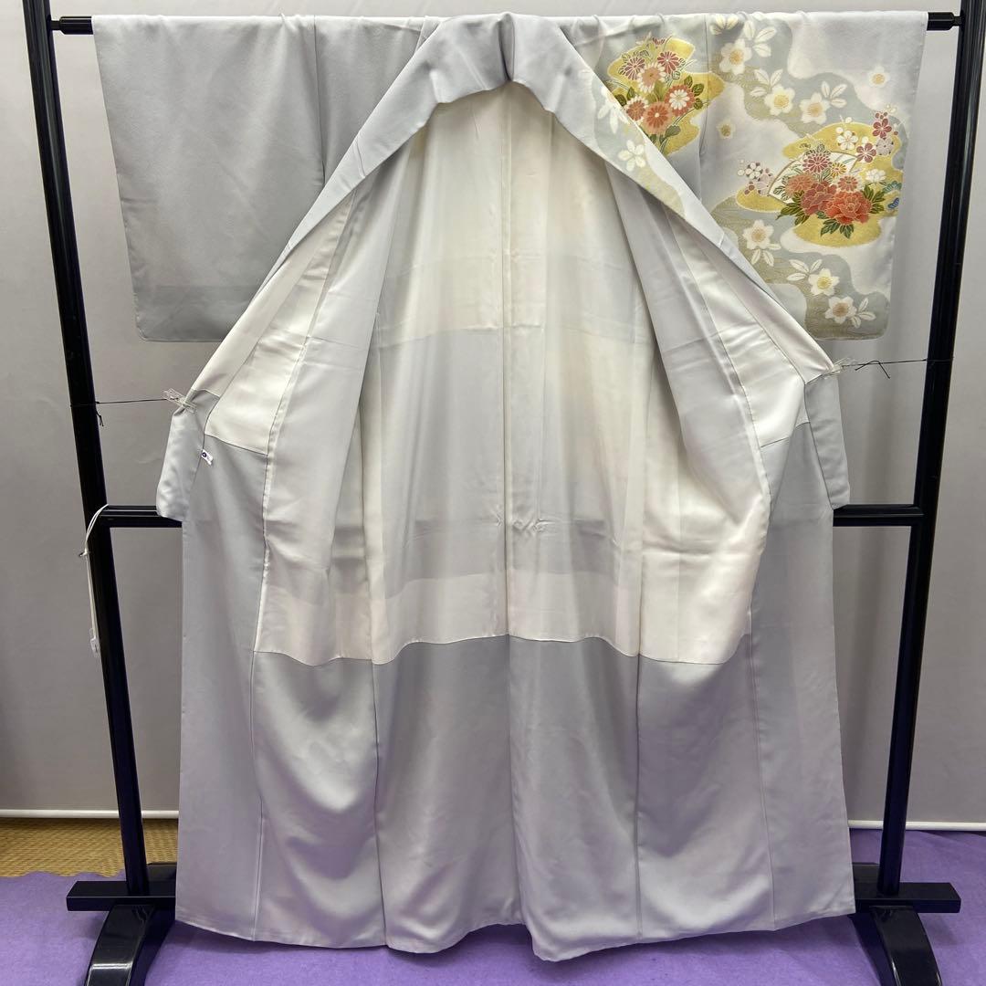 BY5133 未使用品 訪問着 薄いグレー 花柄 扇面 七宝