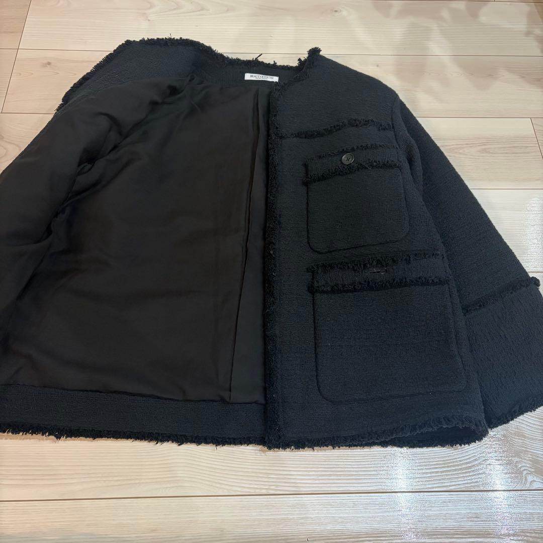 美品 BEAUTY&YOUTH コットンツイード ノーカラージャケット ブラック