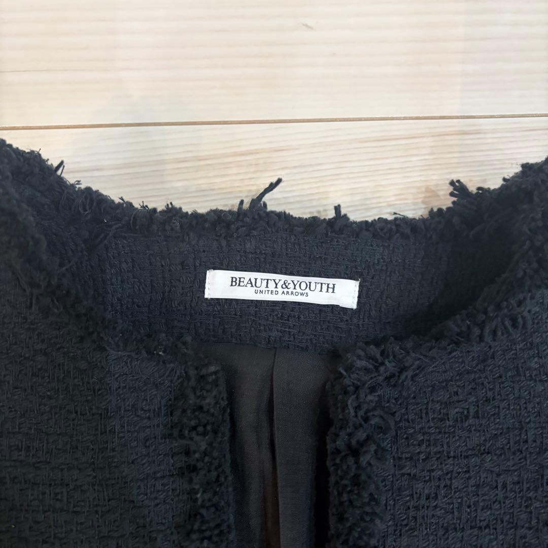 美品 BEAUTY&YOUTH コットンツイード ノーカラージャケット ブラック