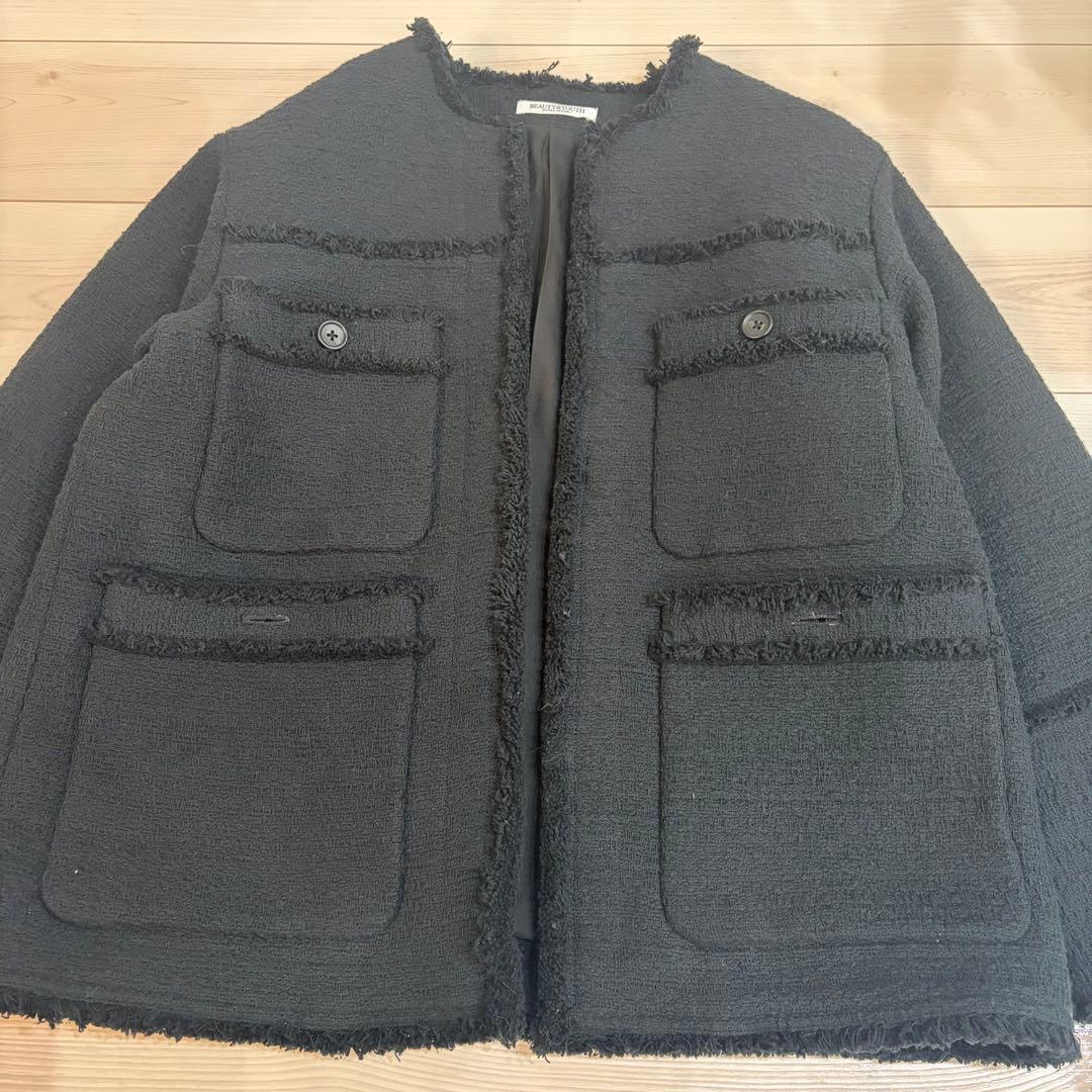 美品 BEAUTY&YOUTH コットンツイード ノーカラージャケット ブラック