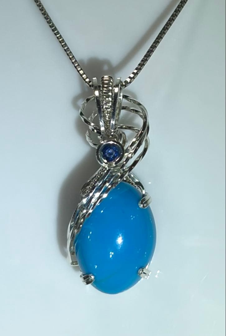 Fiona　トルコ石ブルーサファイア　ペンダントトップ　ワイヤージュエリー