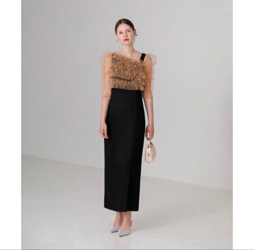 【LEJA】チュールアシンメトリーティアードフリルIラインドレスワンピース　M