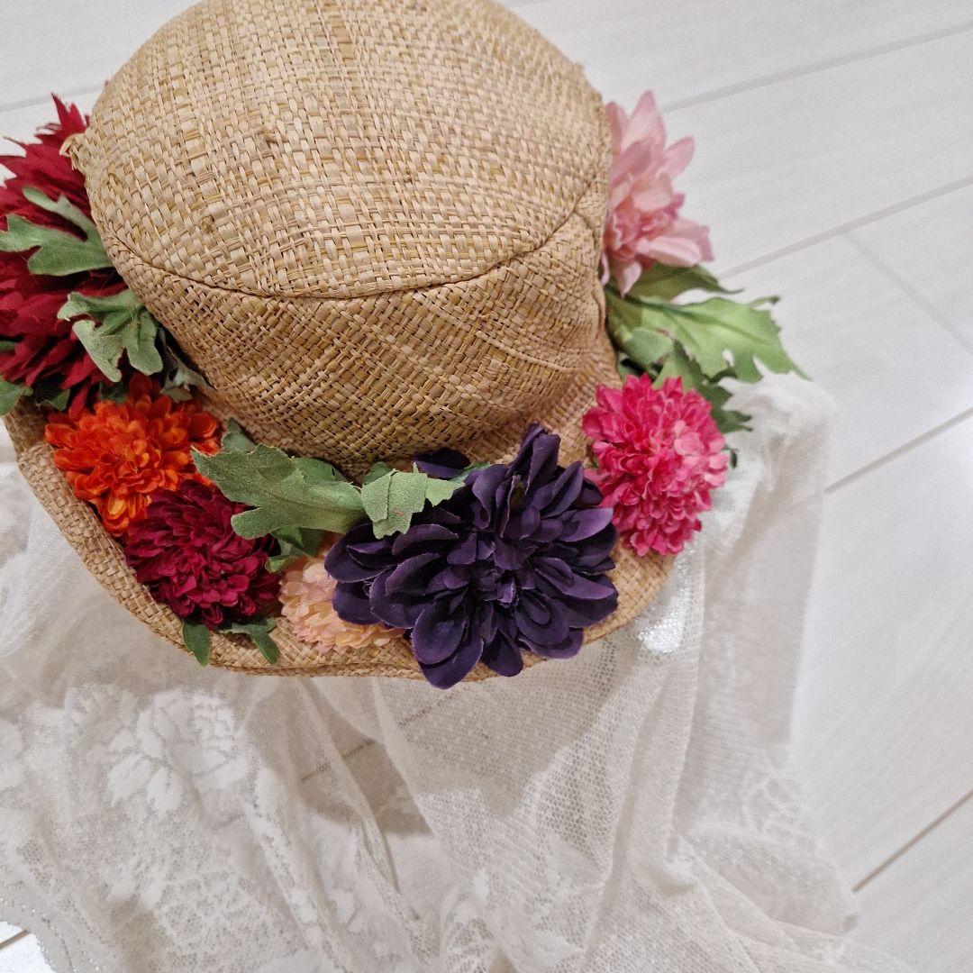 ジェーンマープル　フラワーストローハット　カラフルな花飾り付き麦わら帽子