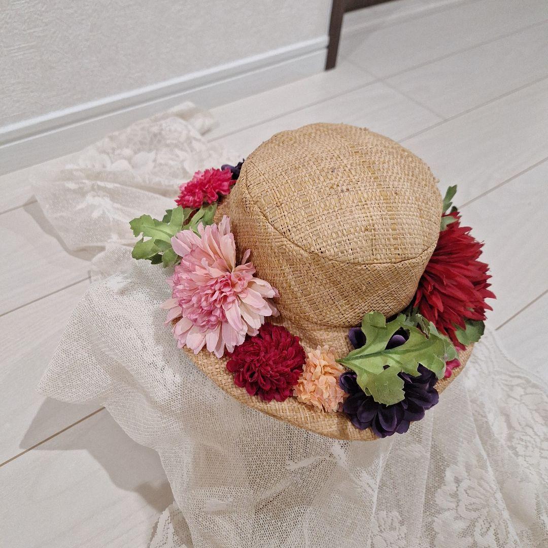 ジェーンマープル　フラワーストローハット　カラフルな花飾り付き麦わら帽子
