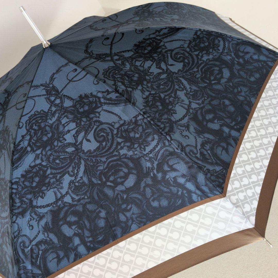 ゲラルディーニ　微光沢ネイビー×茶の縁取り　ロゴプリント　長傘　雨傘