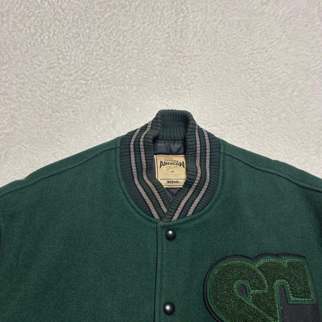 レア SCENE by VAN JAC バックロゴ 牛革 袖 スタジャン 緑 L