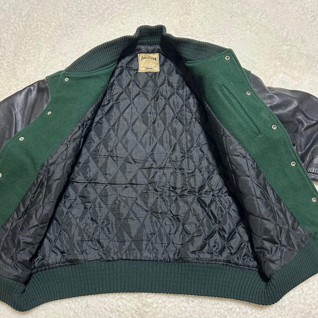 レア SCENE by VAN JAC バックロゴ 牛革 袖 スタジャン 緑 L