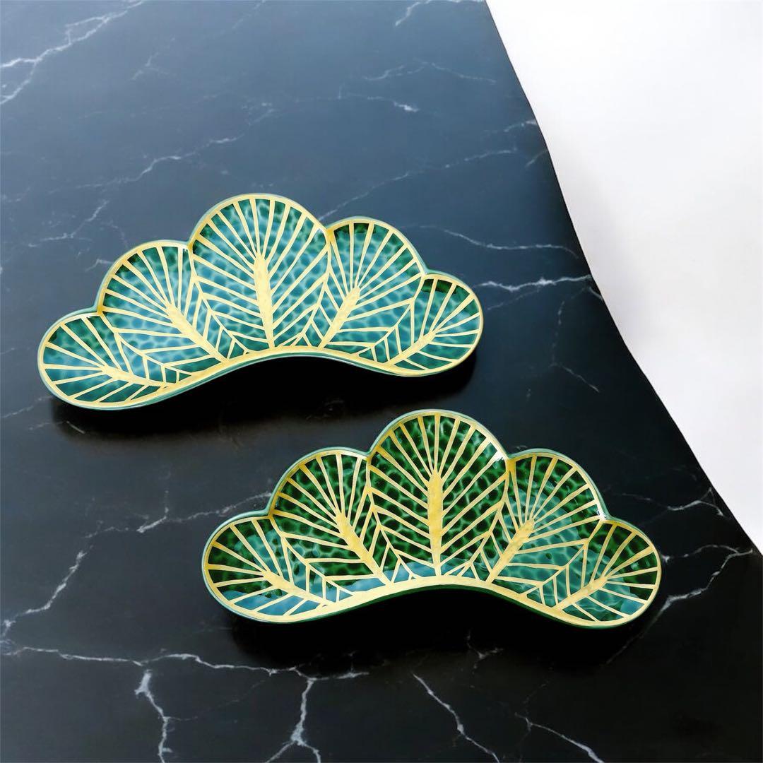 有田焼　幸楽窯　錦金松葉形前菜皿　茶緑金　6点セット