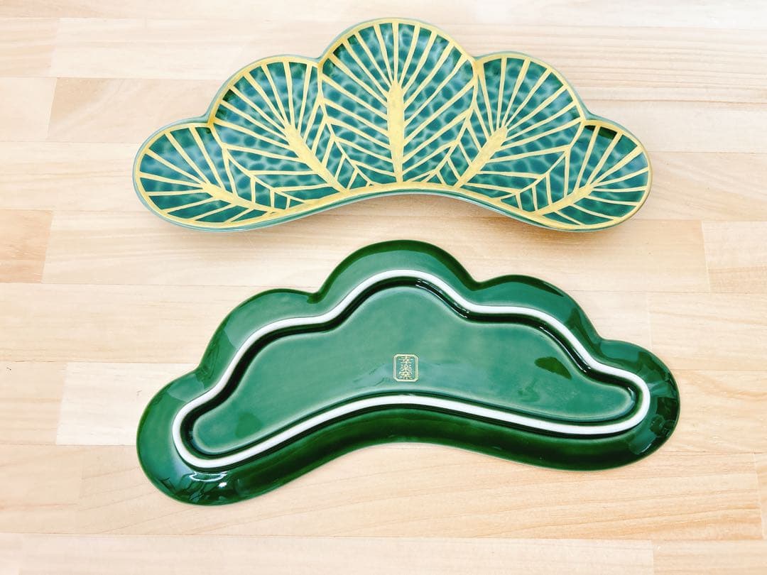 有田焼　幸楽窯　錦金松葉形前菜皿　茶緑金　6点セット