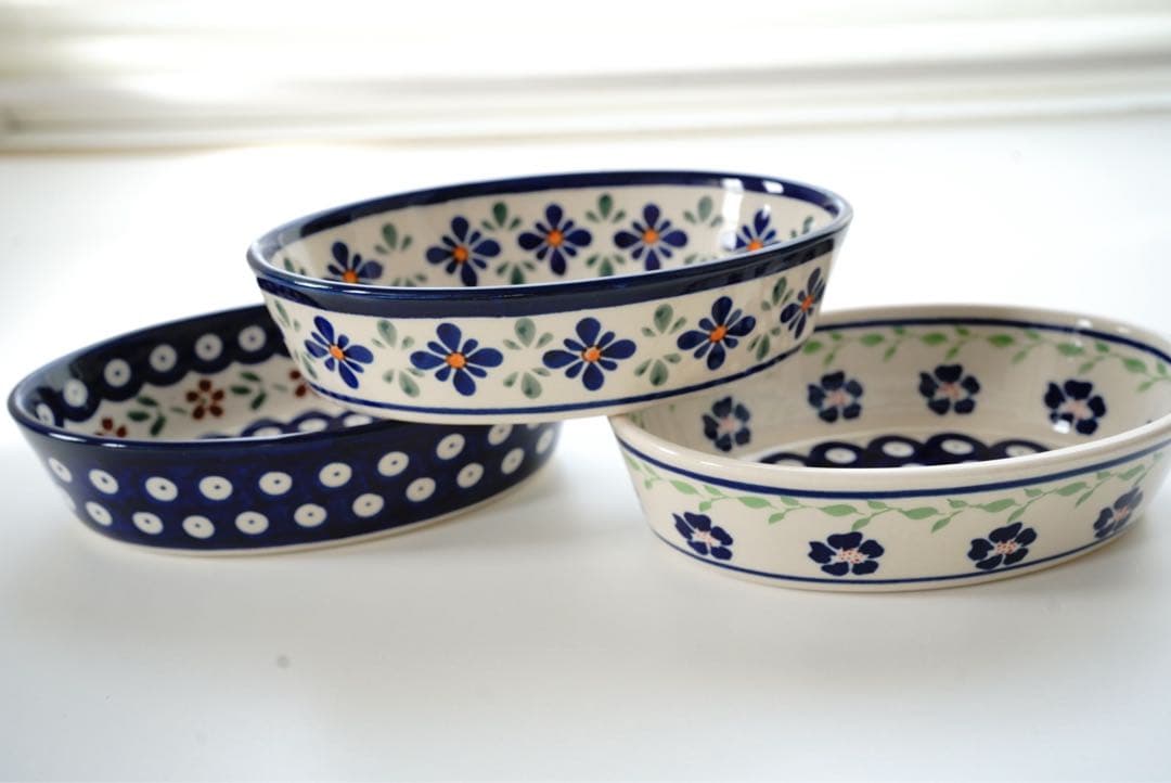 ポーリッシュポタリーオーブン皿・オーバルミニ3柄×２枚　６枚セット