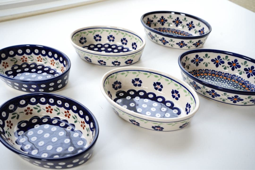 ポーリッシュポタリーオーブン皿・オーバルミニ3柄×２枚　６枚セット