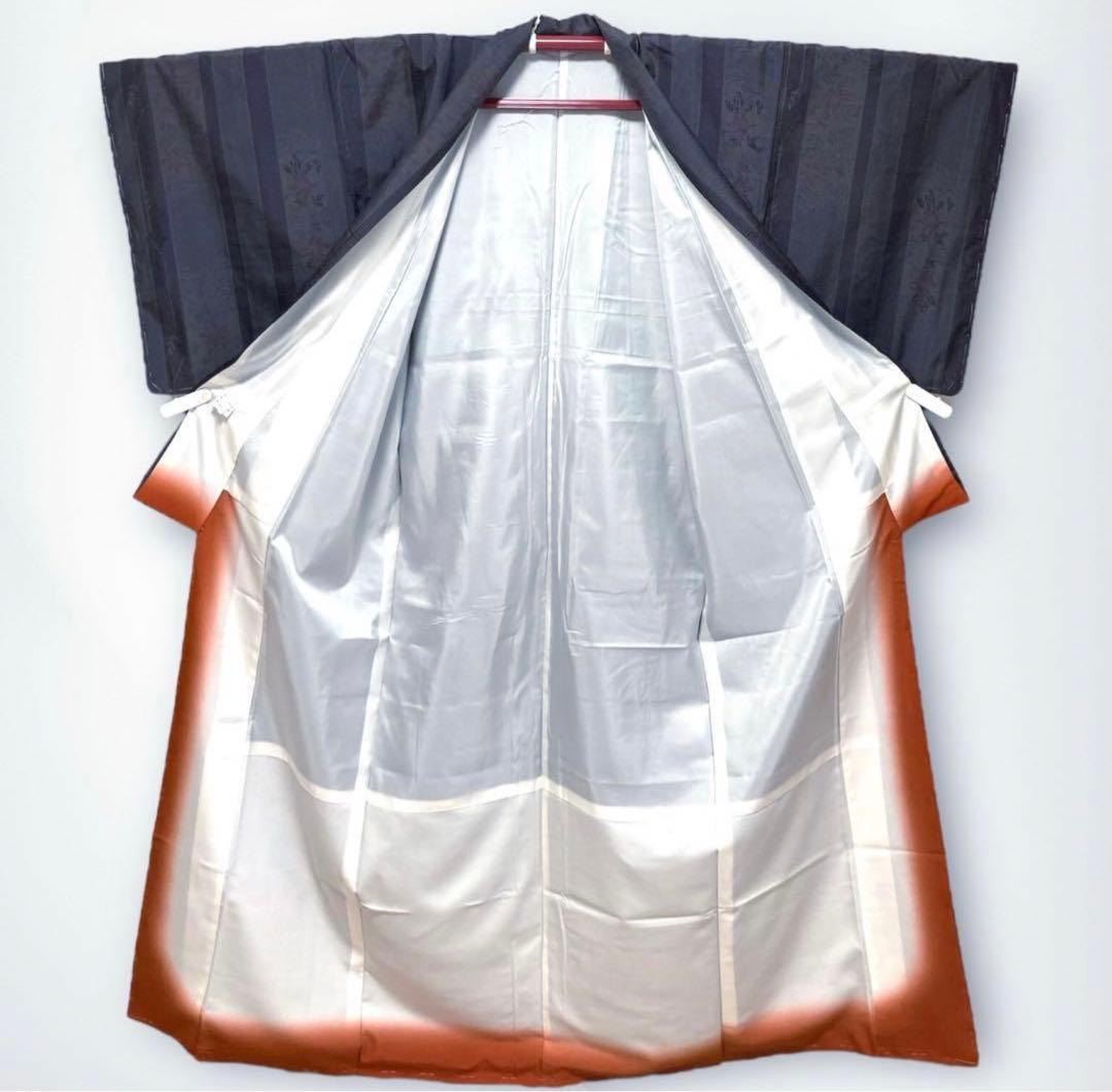 【未使用美品✨】東レシルック　さんび　洗える着物　小紋　紬調　くすんだ紫　縞