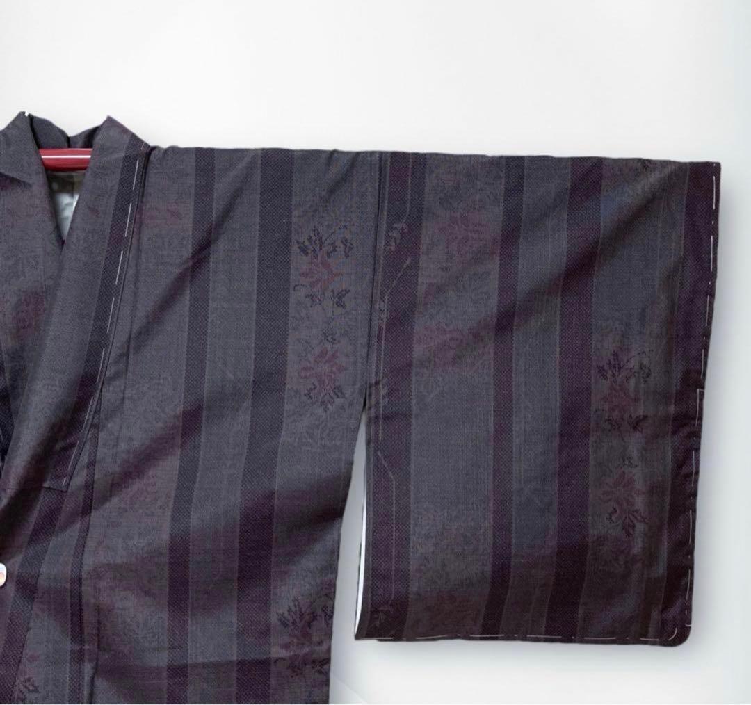 【未使用美品✨】東レシルック　さんび　洗える着物　小紋　紬調　くすんだ紫　縞
