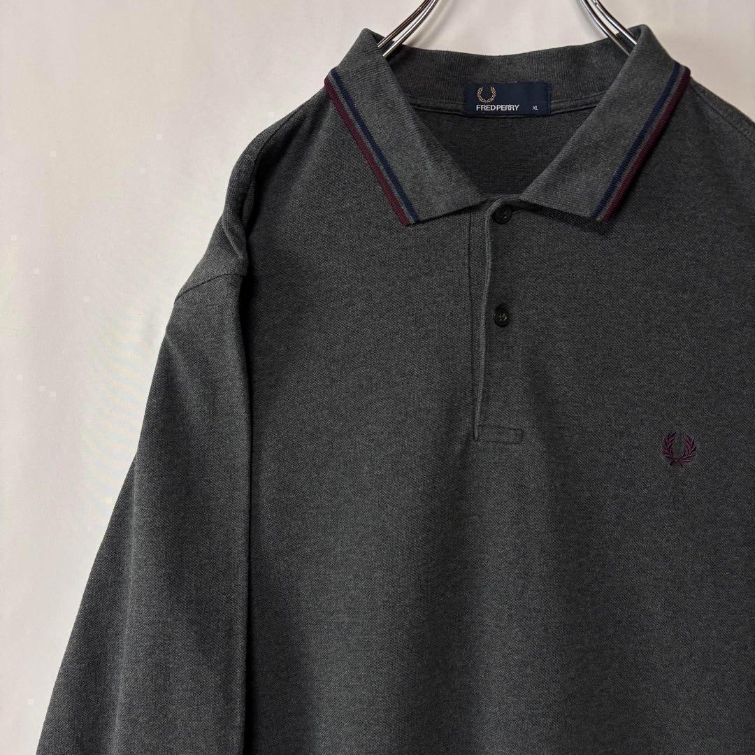 フレッドペリー　長袖ポロシャツ　ワンポイント刺繍ロゴ　XLサイズ　グレー　古着