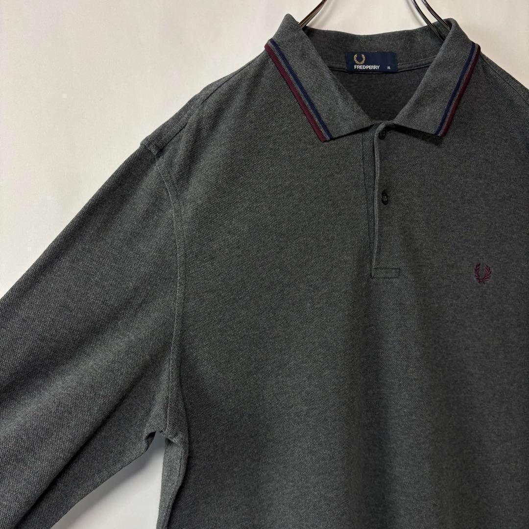 フレッドペリー　長袖ポロシャツ　ワンポイント刺繍ロゴ　XLサイズ　グレー　古着