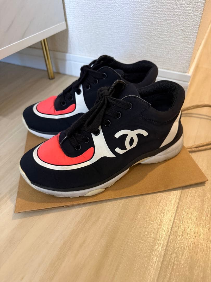 【シャネル】ファブリックスニーカー ブラック ピンクシューズ レディース36