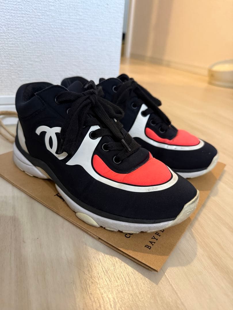 【シャネル】ファブリックスニーカー ブラック ピンクシューズ レディース36