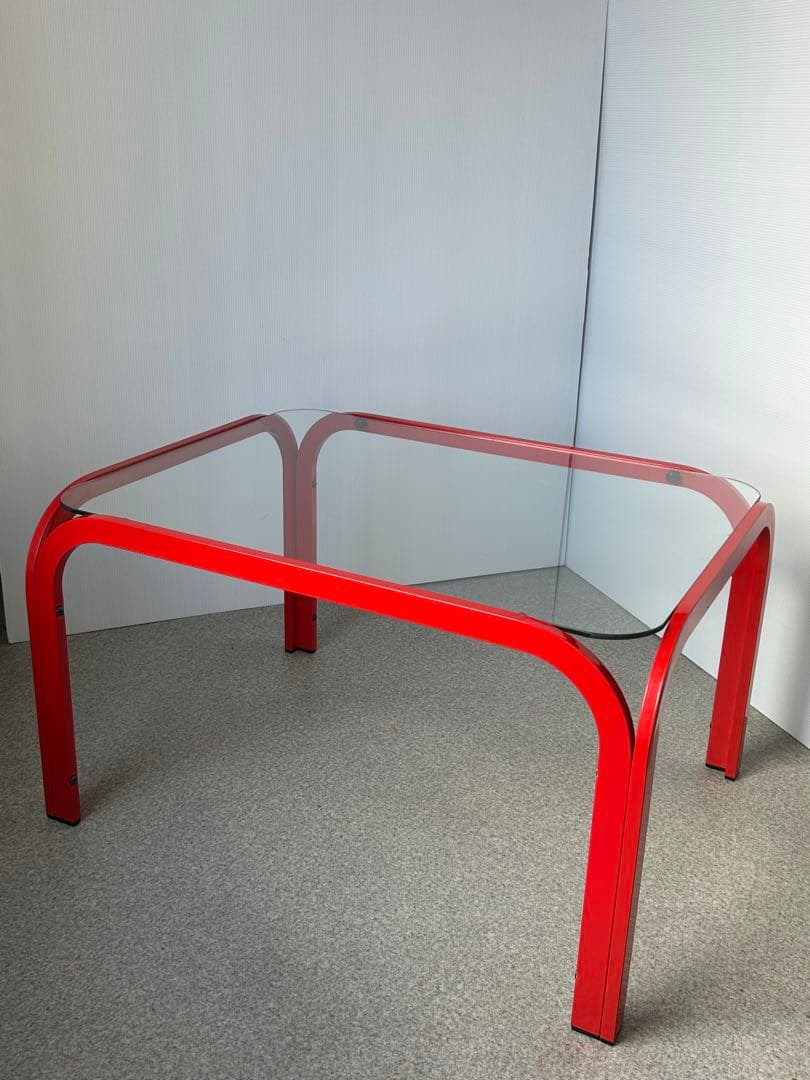 アイアンフレーム ガラステーブル レトロ ポストモダン　ヴィンテージ　ポップ　赤
