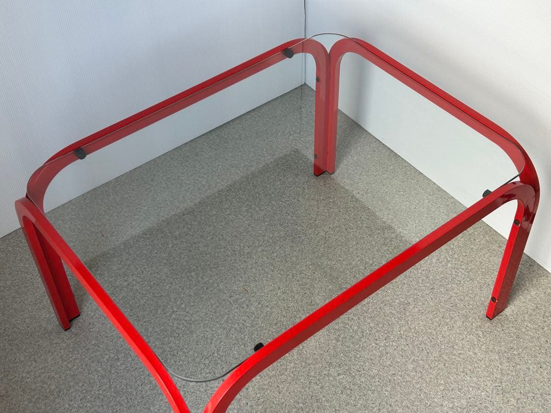 アイアンフレーム ガラステーブル レトロ ポストモダン　ヴィンテージ　ポップ　赤