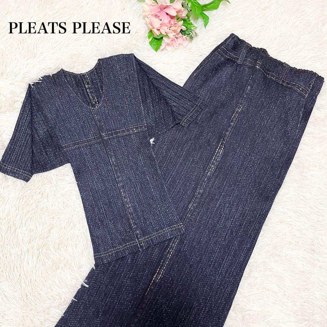 美品　PLEATS PLEASE セットアップ デニム転写 トップス　ロング丈