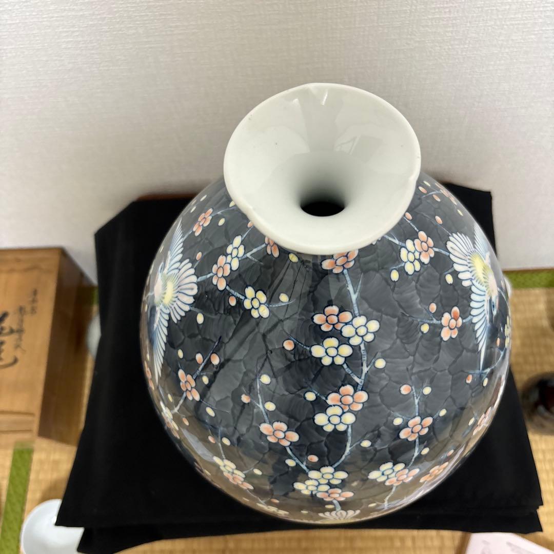 藤井朱明 壺 飾り壺 花器 日展人気作家 花瓶 有田焼 大き花鳥図高さ43cm