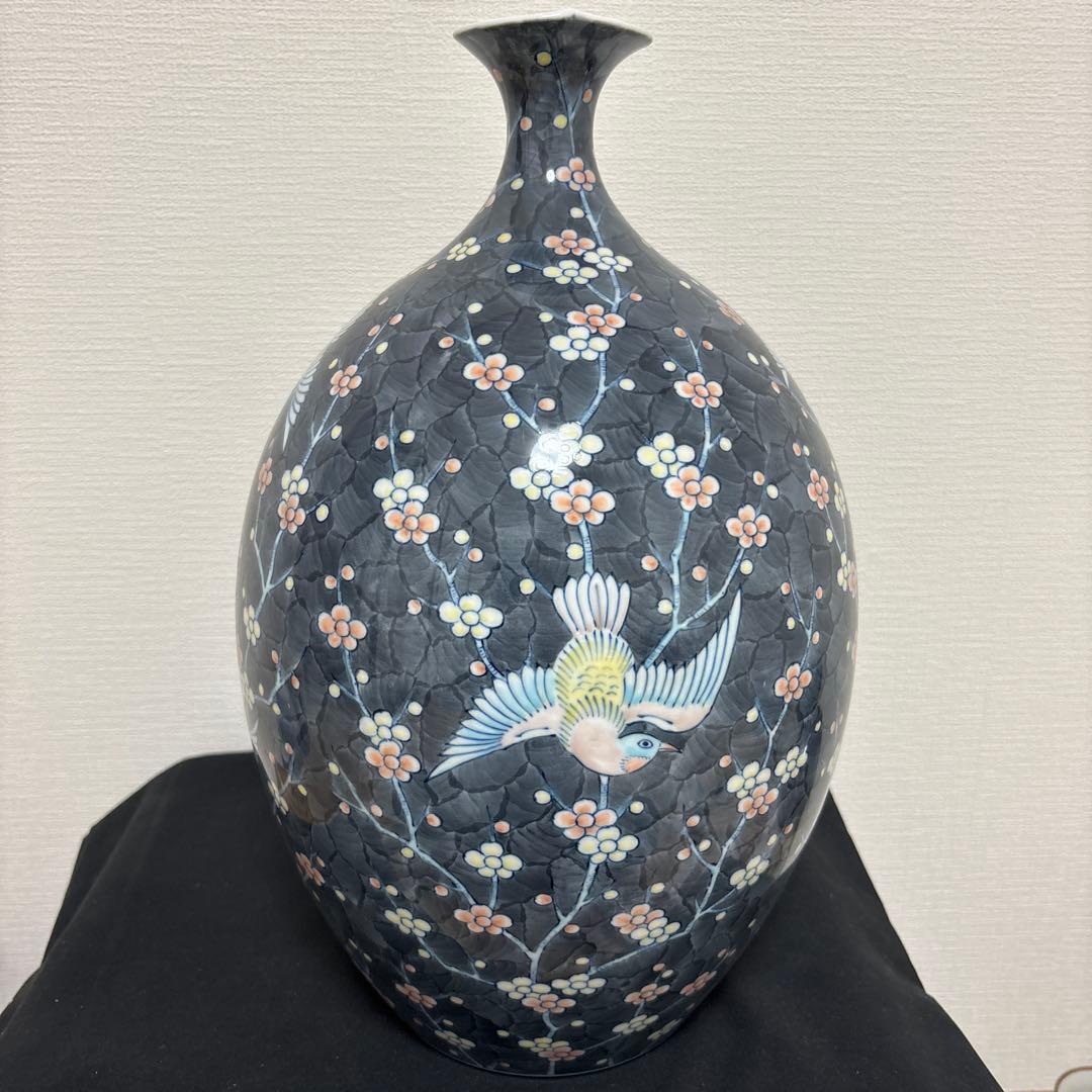 藤井朱明 壺 飾り壺 花器 日展人気作家 花瓶 有田焼 大き花鳥図高さ43cm