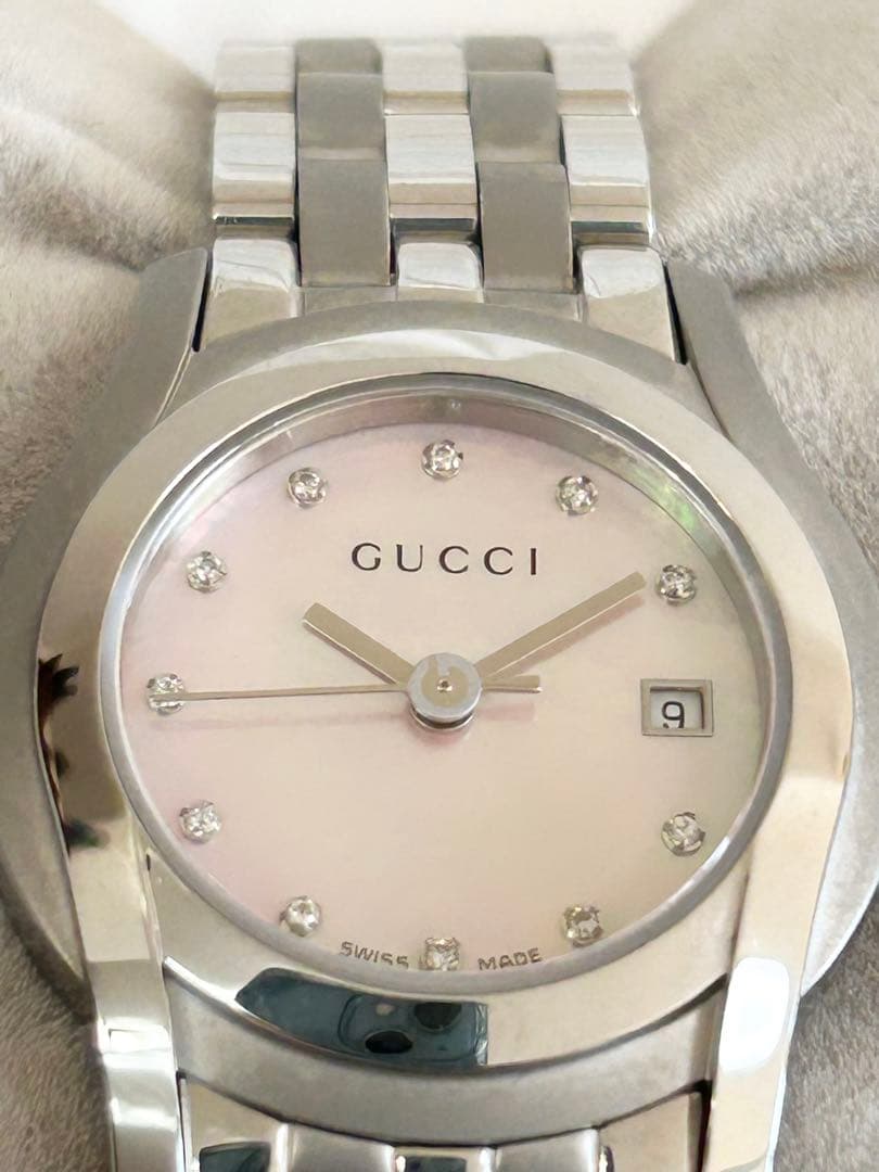 【美品】GUCCIグッチGクラスピンクシェルダイヤ腕時計レディース
