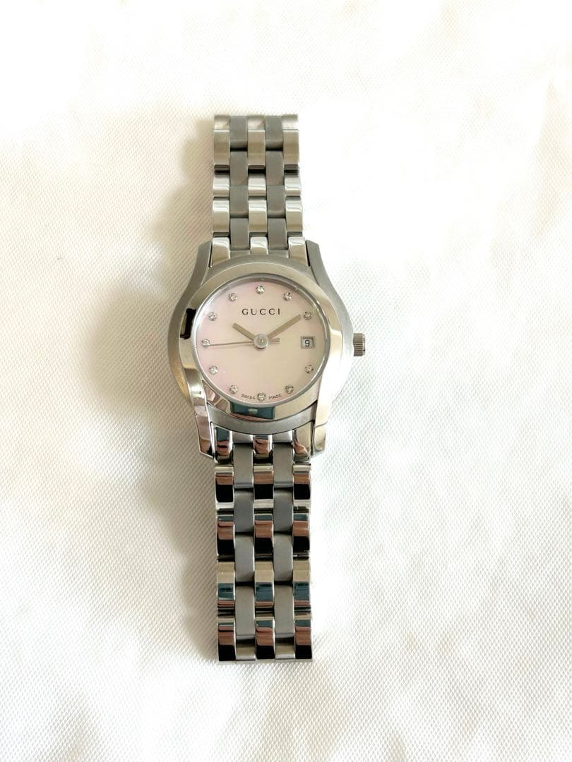 【美品】GUCCIグッチGクラスピンクシェルダイヤ腕時計レディース