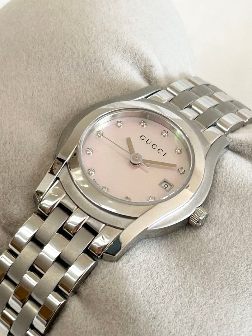 【美品】GUCCIグッチGクラスピンクシェルダイヤ腕時計レディース