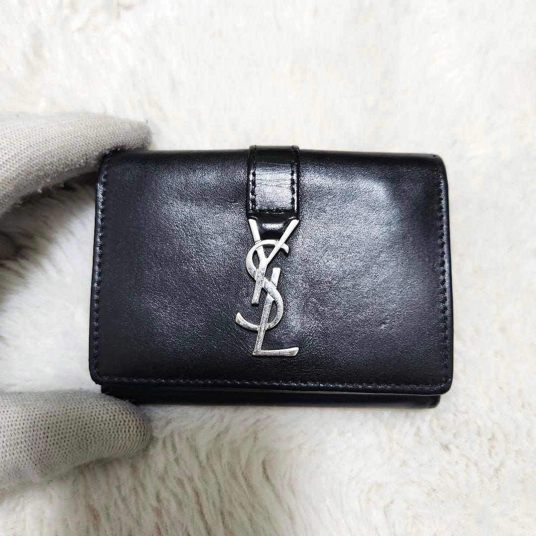 サンローラン　三つ折り　カサンドラ　ブラック　レザー　YSL シルバー金具