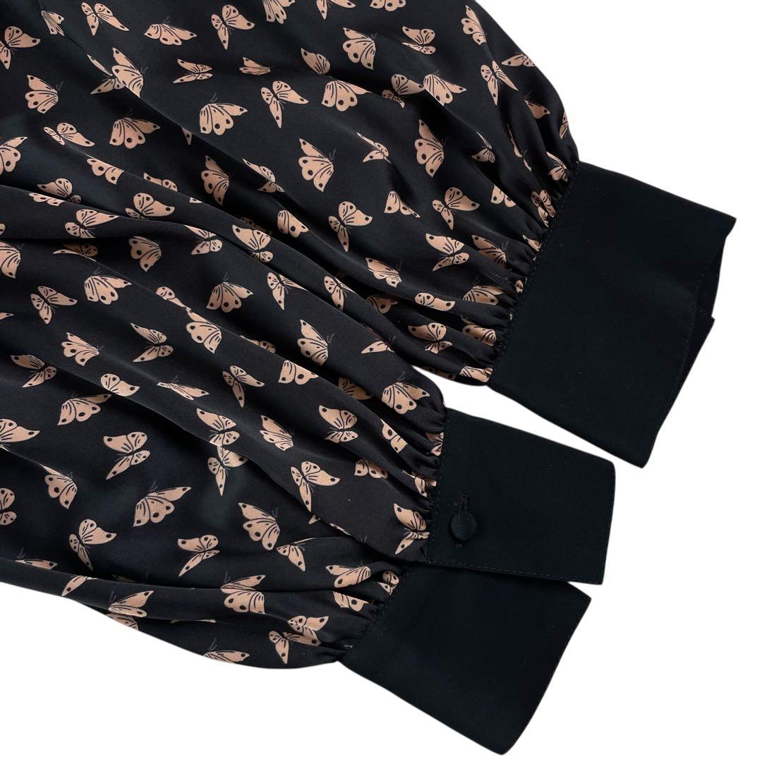 美品 パピヨンプリントバンドカラーワンピース 蝶バタフライ 38