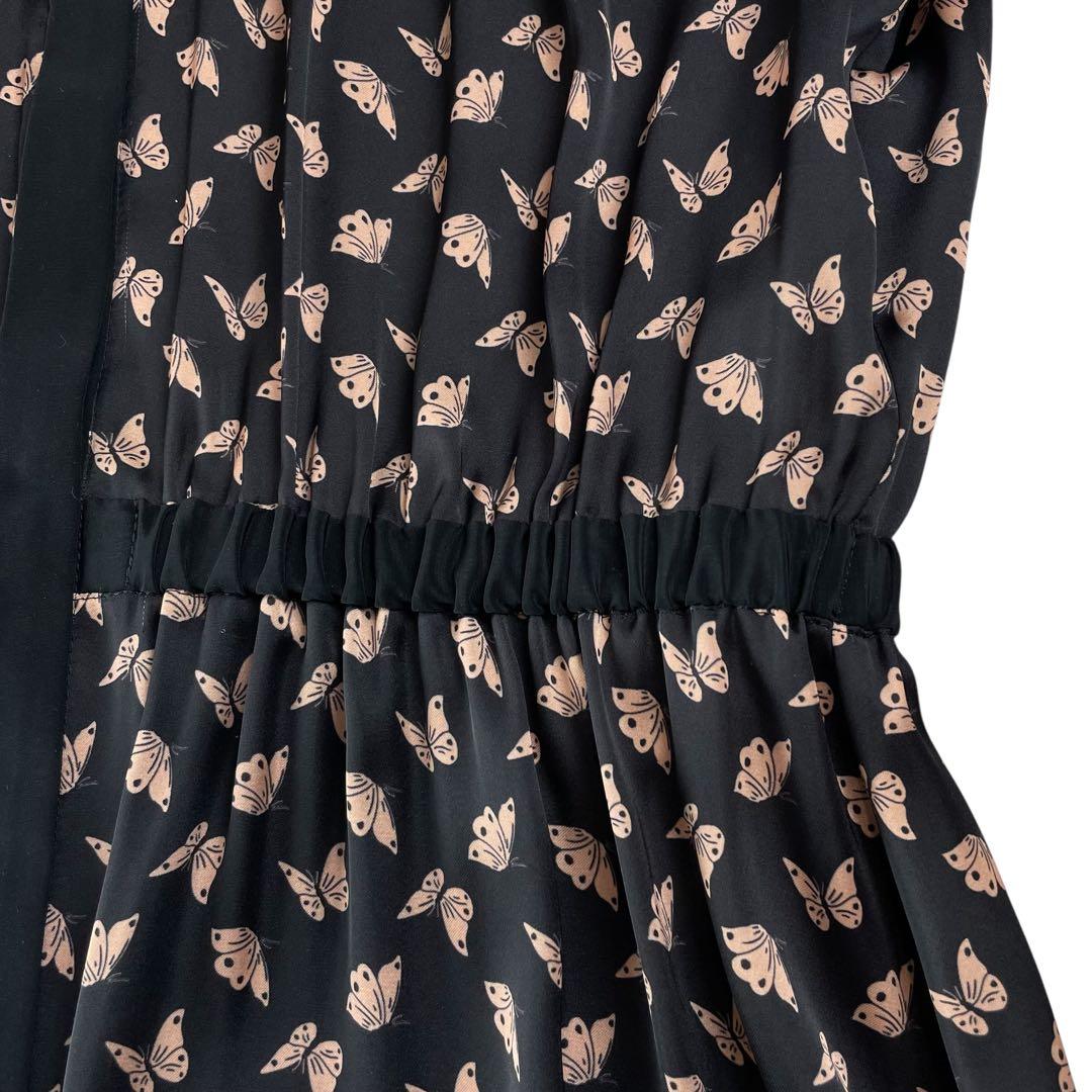 美品 パピヨンプリントバンドカラーワンピース 蝶バタフライ 38