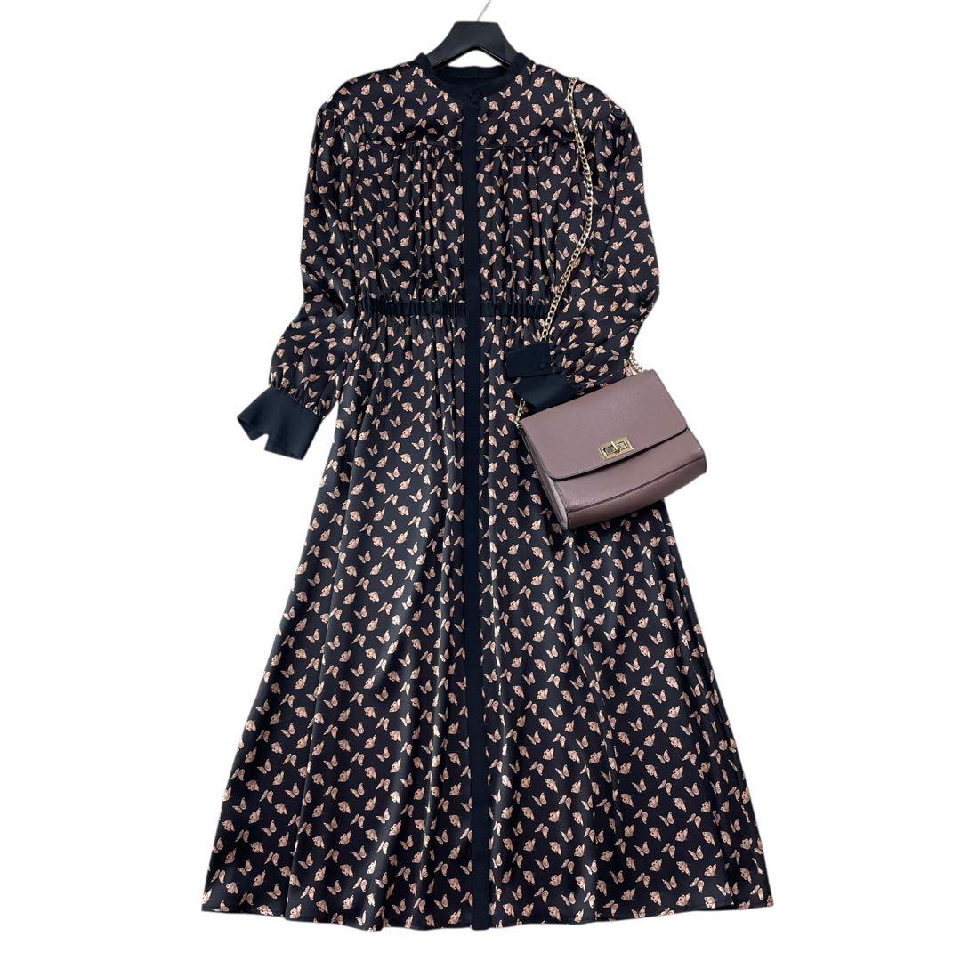 美品 パピヨンプリントバンドカラーワンピース 蝶バタフライ 38