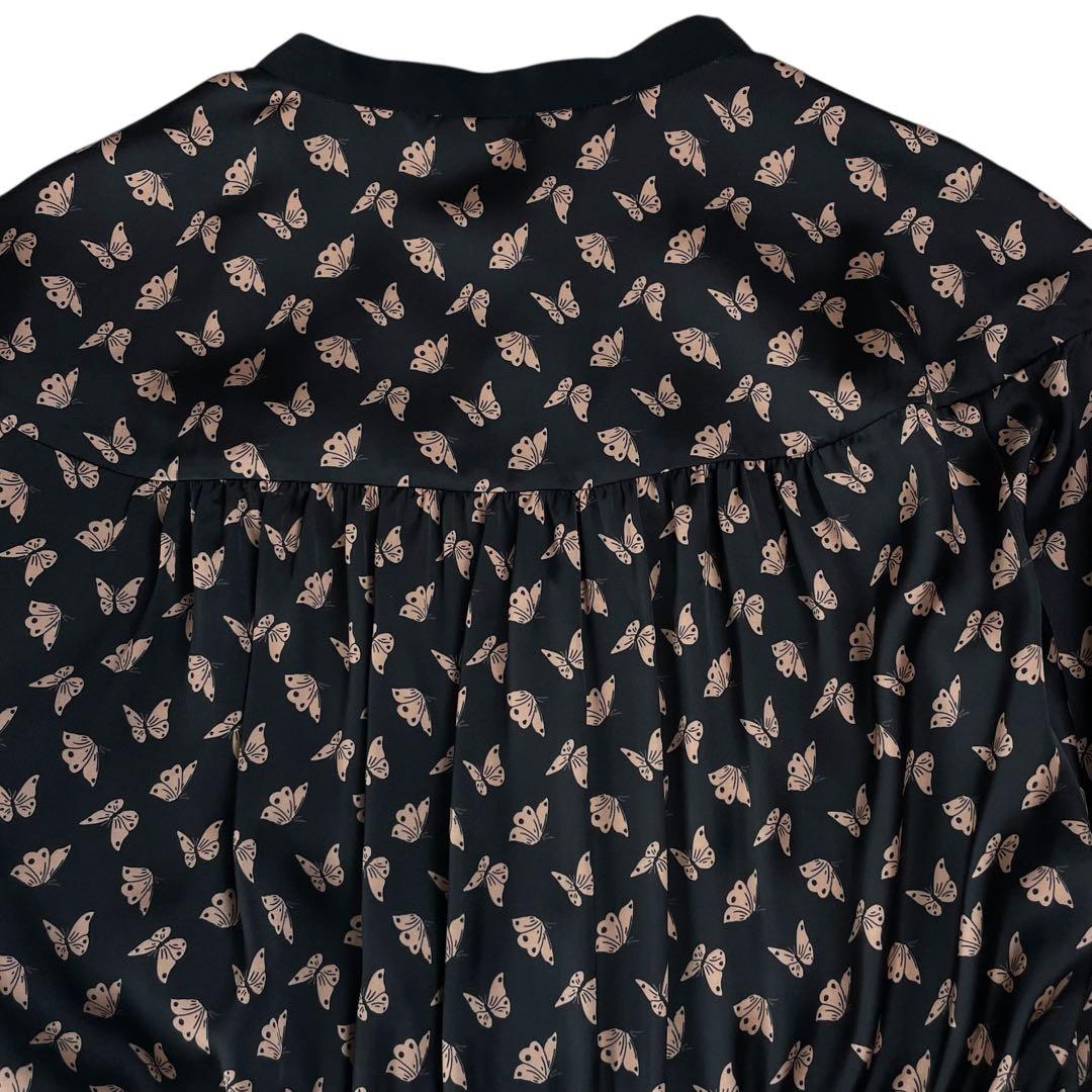 美品 パピヨンプリントバンドカラーワンピース 蝶バタフライ 38