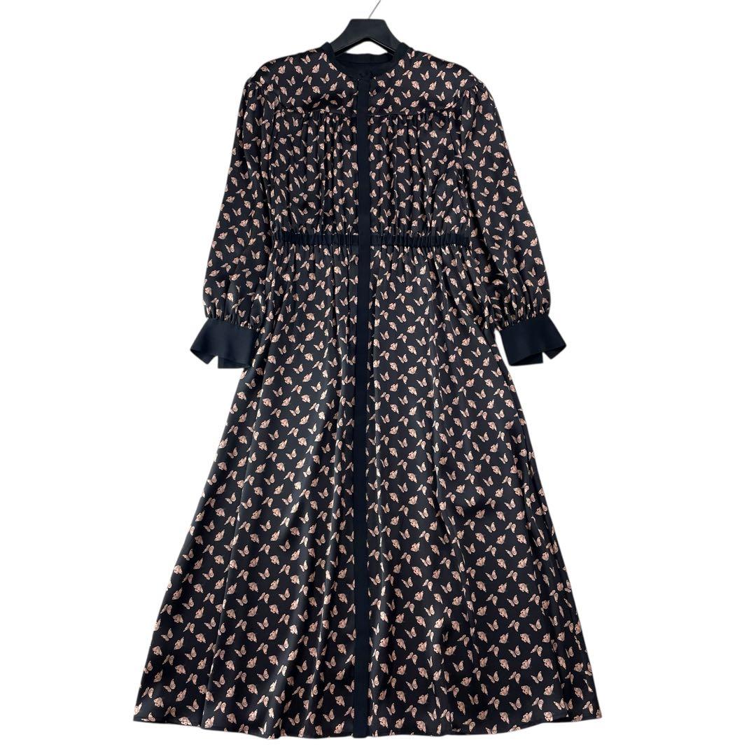 美品 パピヨンプリントバンドカラーワンピース 蝶バタフライ 38