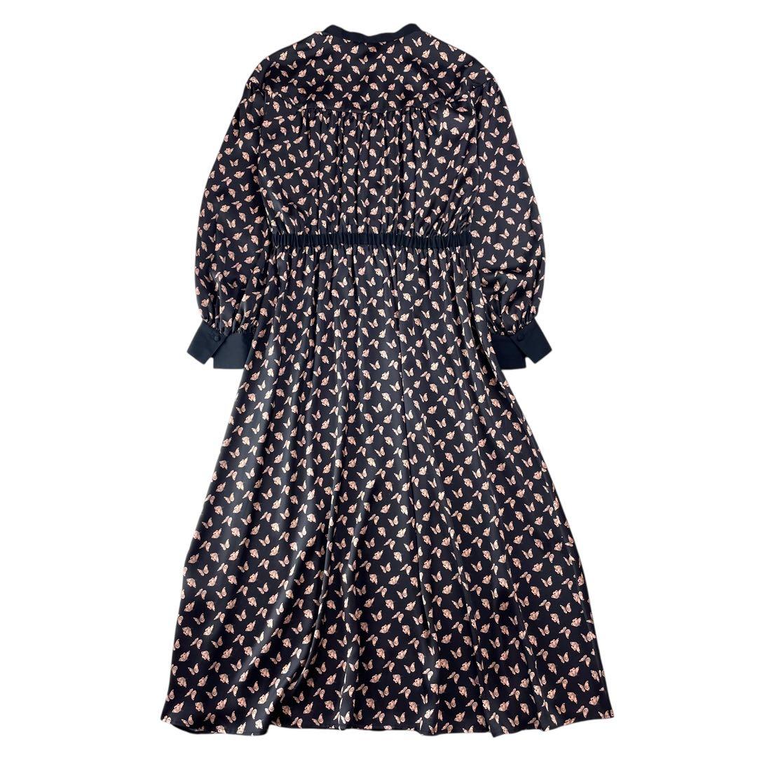 美品 パピヨンプリントバンドカラーワンピース 蝶バタフライ 38