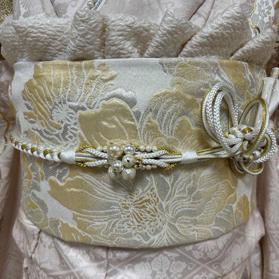 上品なくすみピンクの椿の柄の振袖フルセット