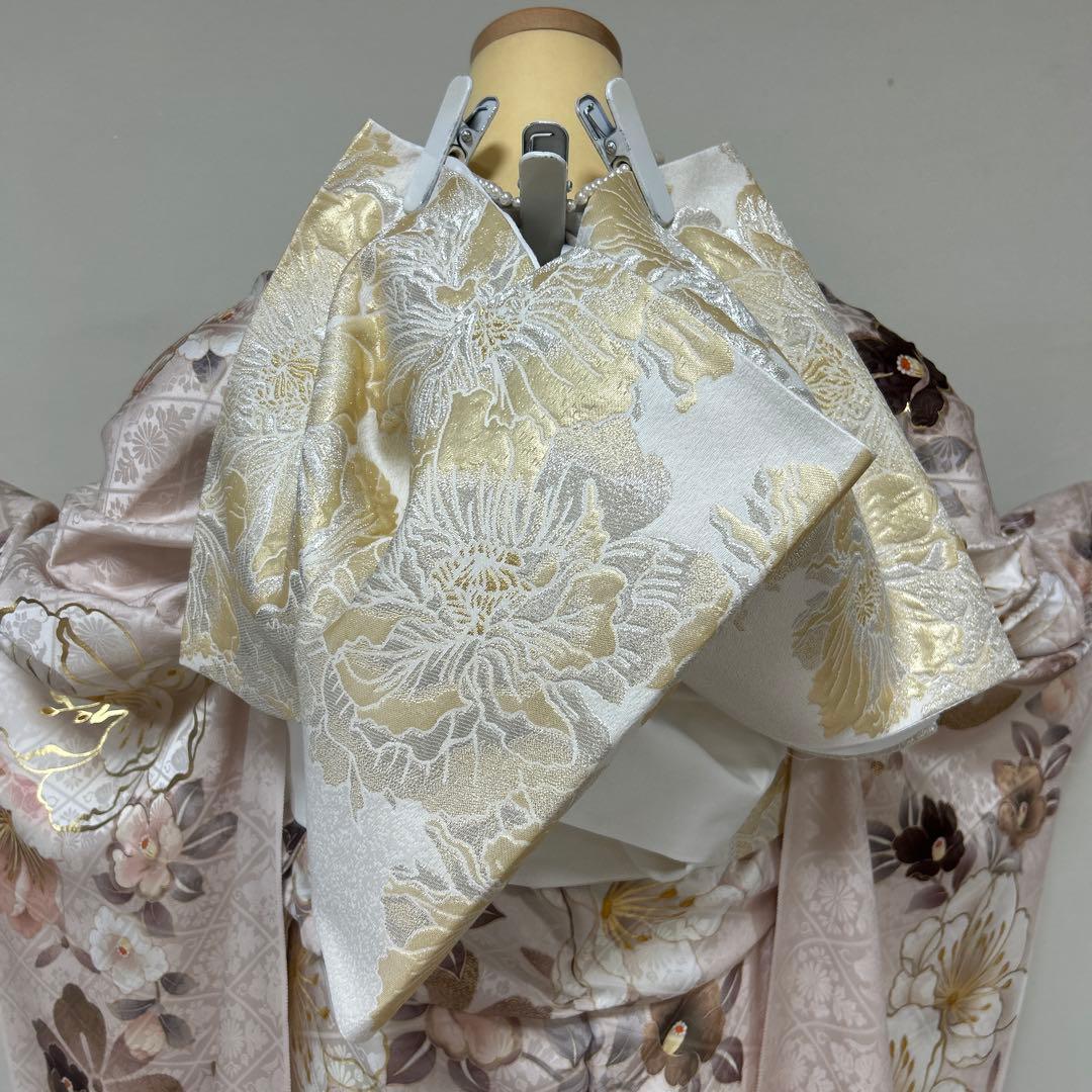 上品なくすみピンクの椿の柄の振袖フルセット