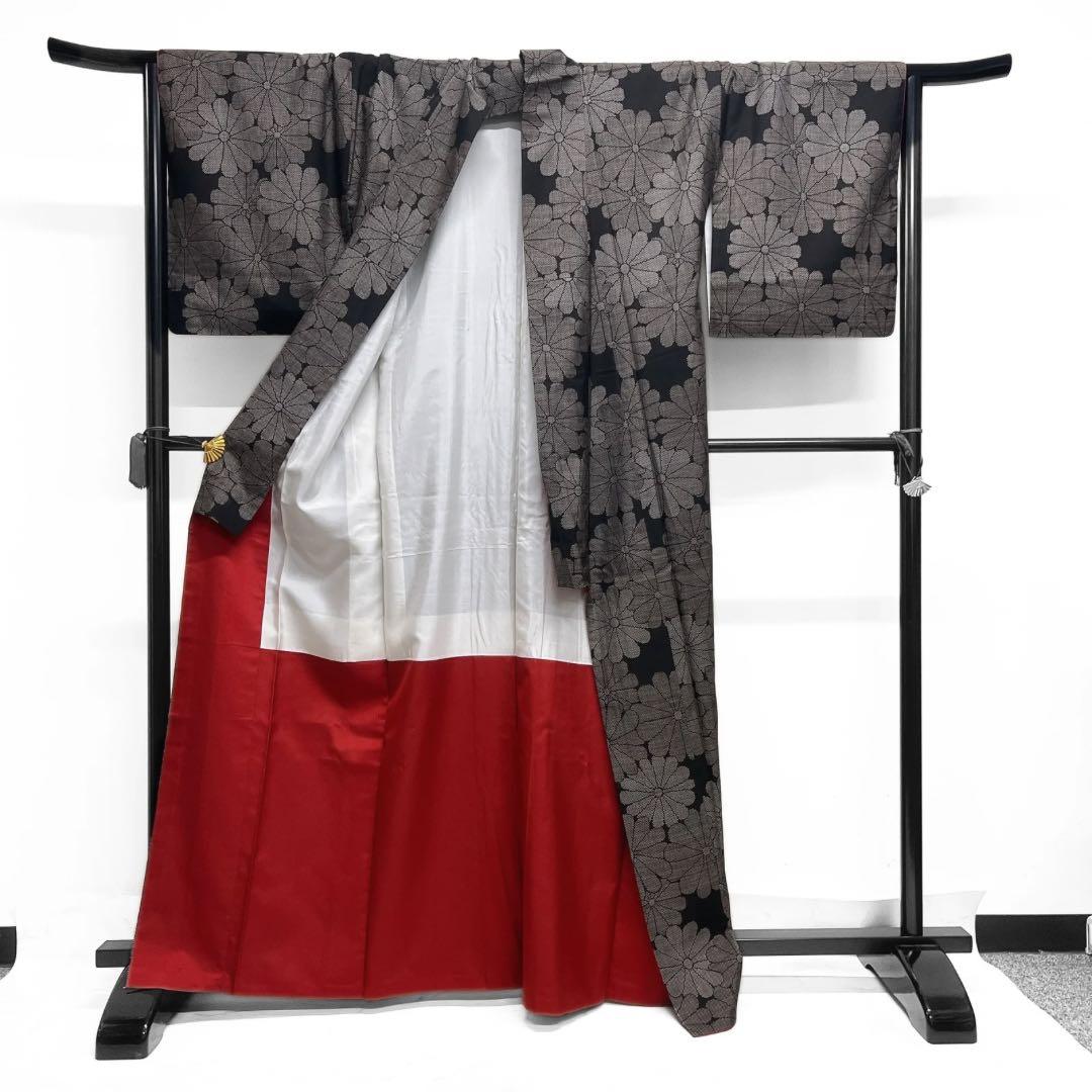 小紋　大島紬　菊花　菊尽くし　黒地　泥染　着物　075a d