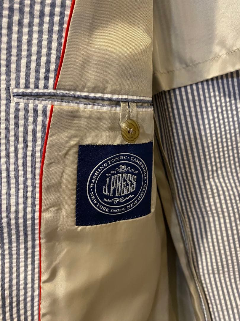 新品　未使用　 Jプレス　シアサッカージャケット　白ネイビーストライプ