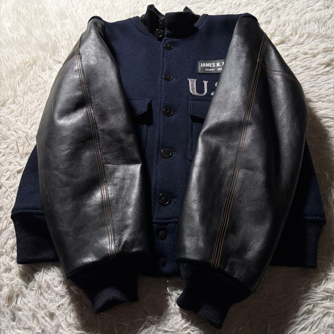 u*0様 極美品●バズリクソンズ　スタジャン　袖レザー　馬革　ネイビー