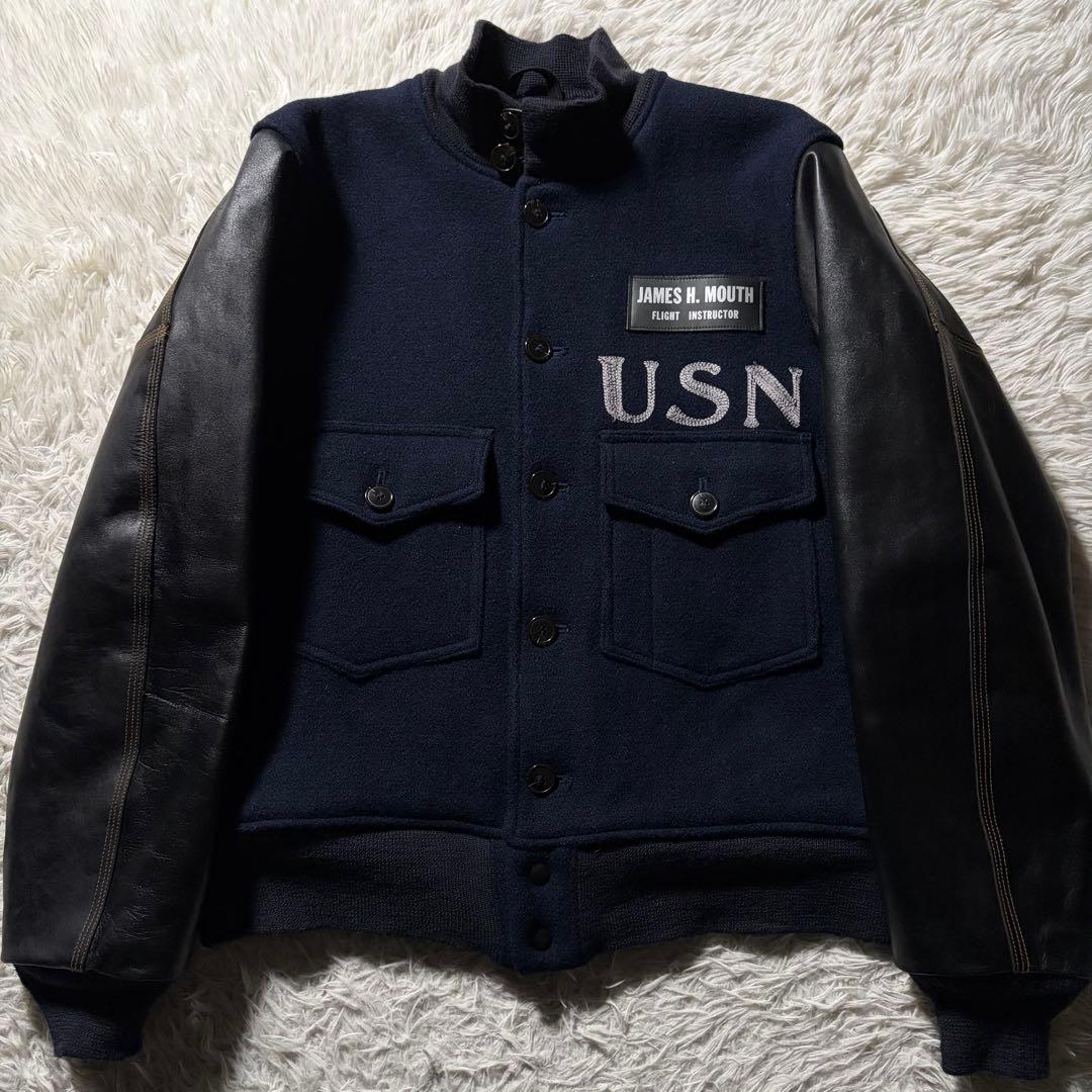 u*0様 極美品●バズリクソンズ　スタジャン　袖レザー　馬革　ネイビー