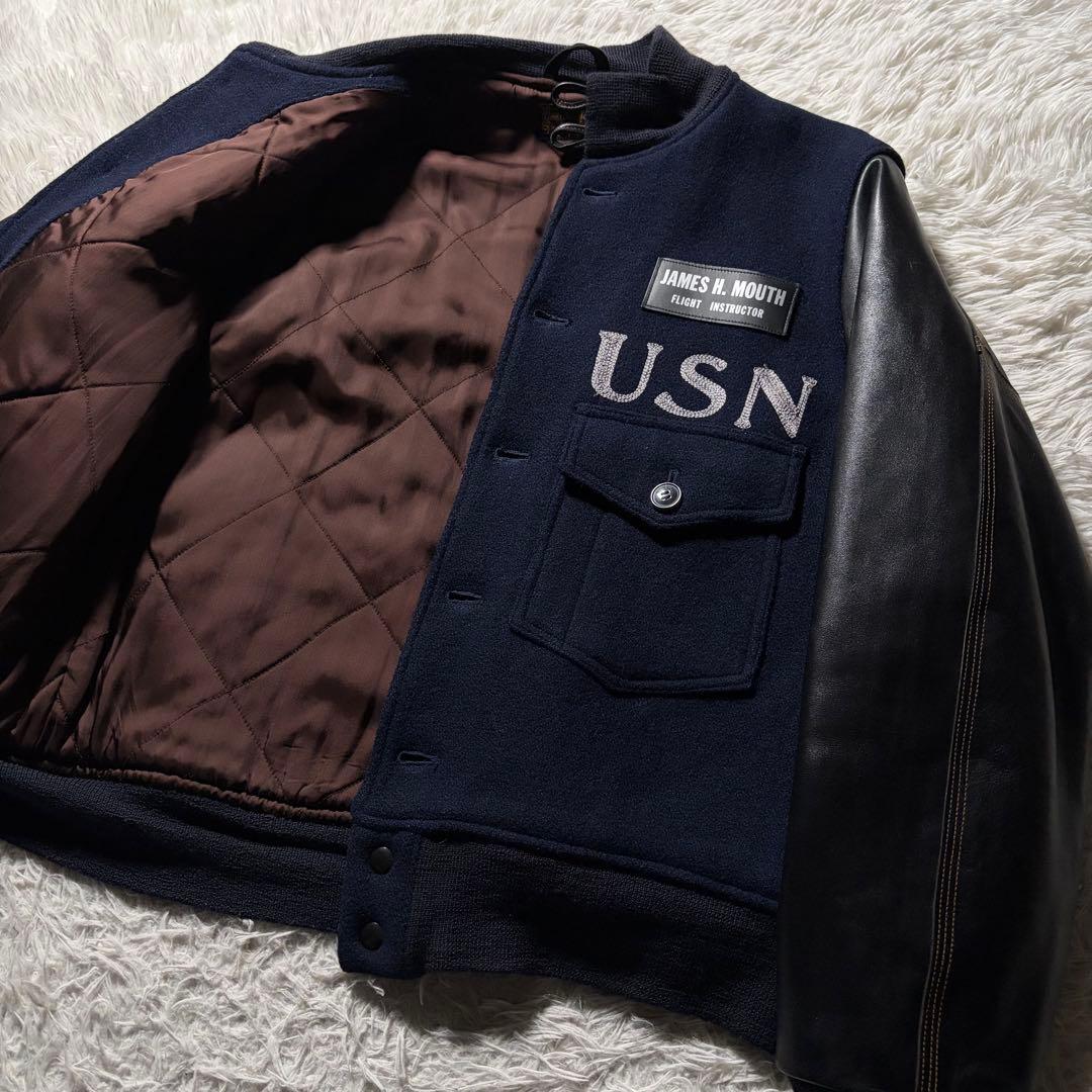 u*0様 極美品●バズリクソンズ　スタジャン　袖レザー　馬革　ネイビー