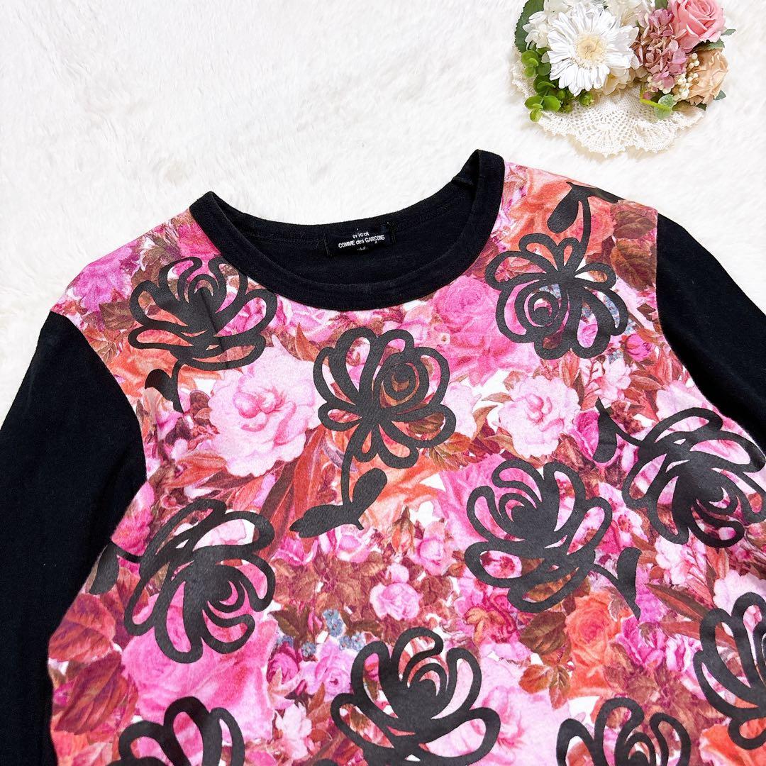 トリココムデギャルソン 長袖カットソー ロンT 花柄 ブラック M コットン 黒