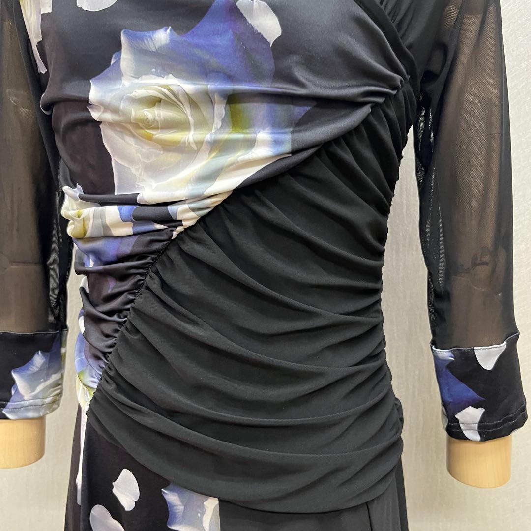 新品 社交ダンス ワンピース ブラック バラ柄　プリント サイズML