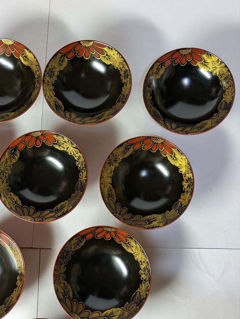 リケさん専用輪島塗、蒔絵金彩細工、沈金菊模様、木製、蓋付椀、吸物椀、10客、箱付