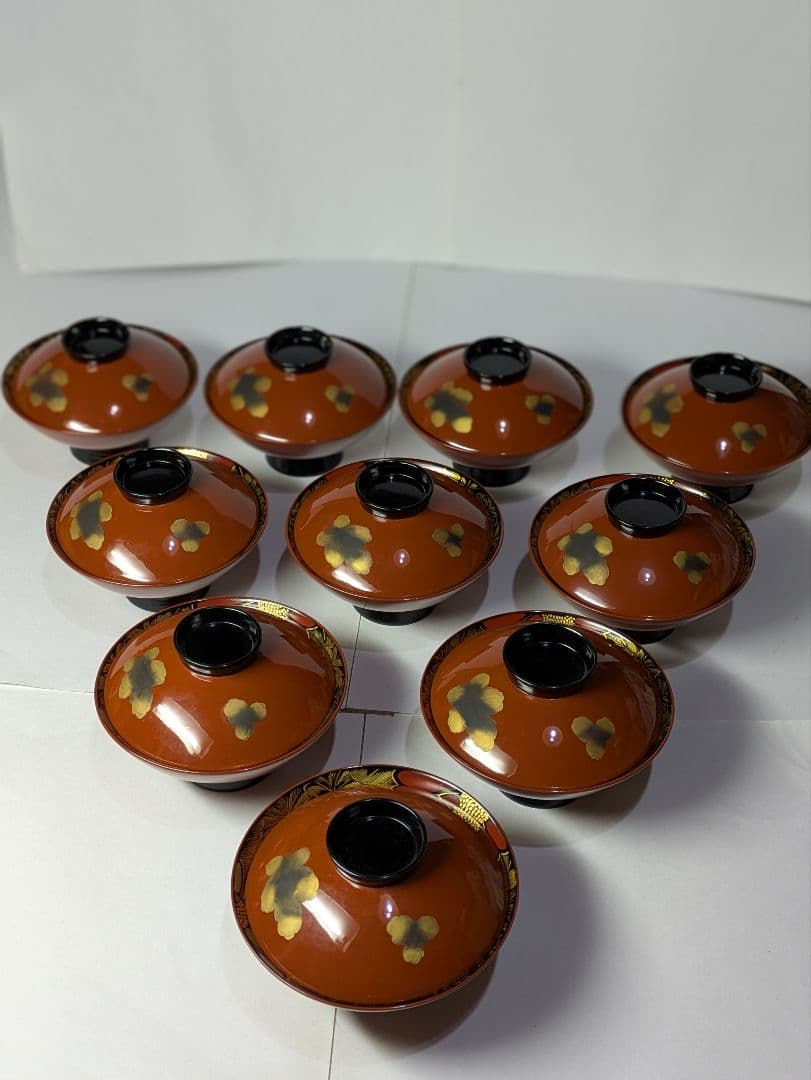 リケさん専用輪島塗、蒔絵金彩細工、沈金菊模様、木製、蓋付椀、吸物椀、10客、箱付