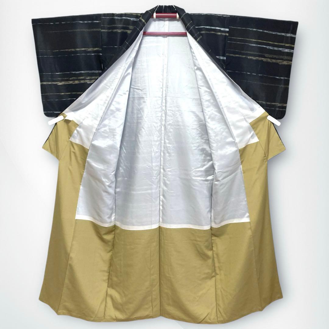 【良品✨】東レシルック　洗える着物　小紋　紬調　黒色　横段　袷　A2