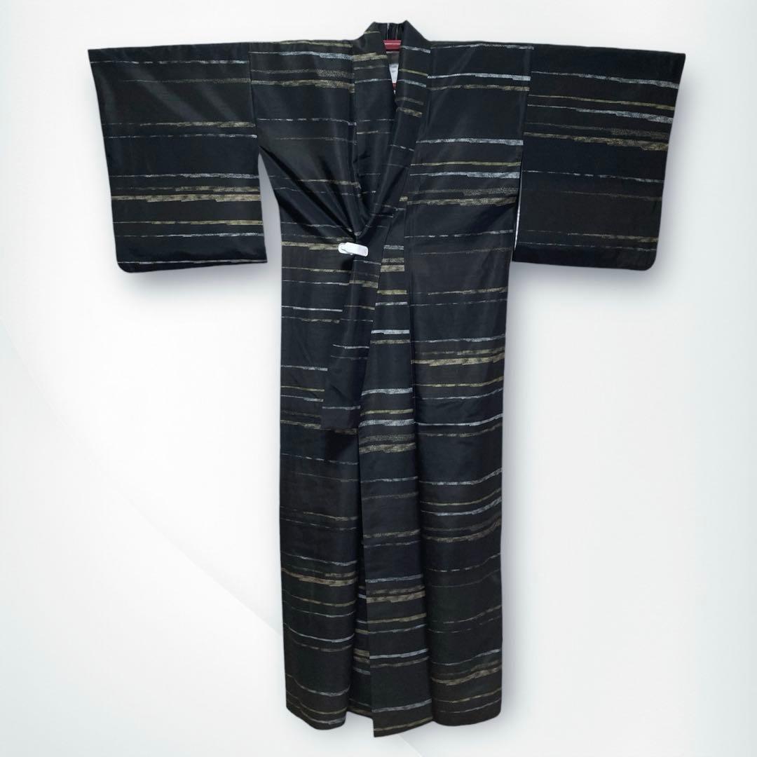 【良品✨】東レシルック　洗える着物　小紋　紬調　黒色　横段　袷　A2